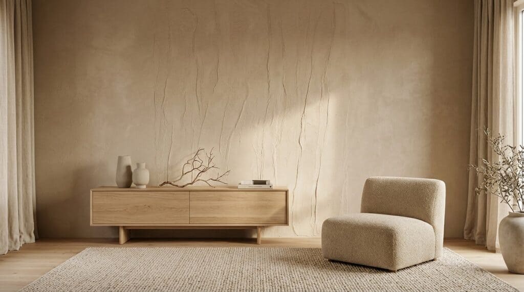 Pared con textura y mobiliario en tonos neutros